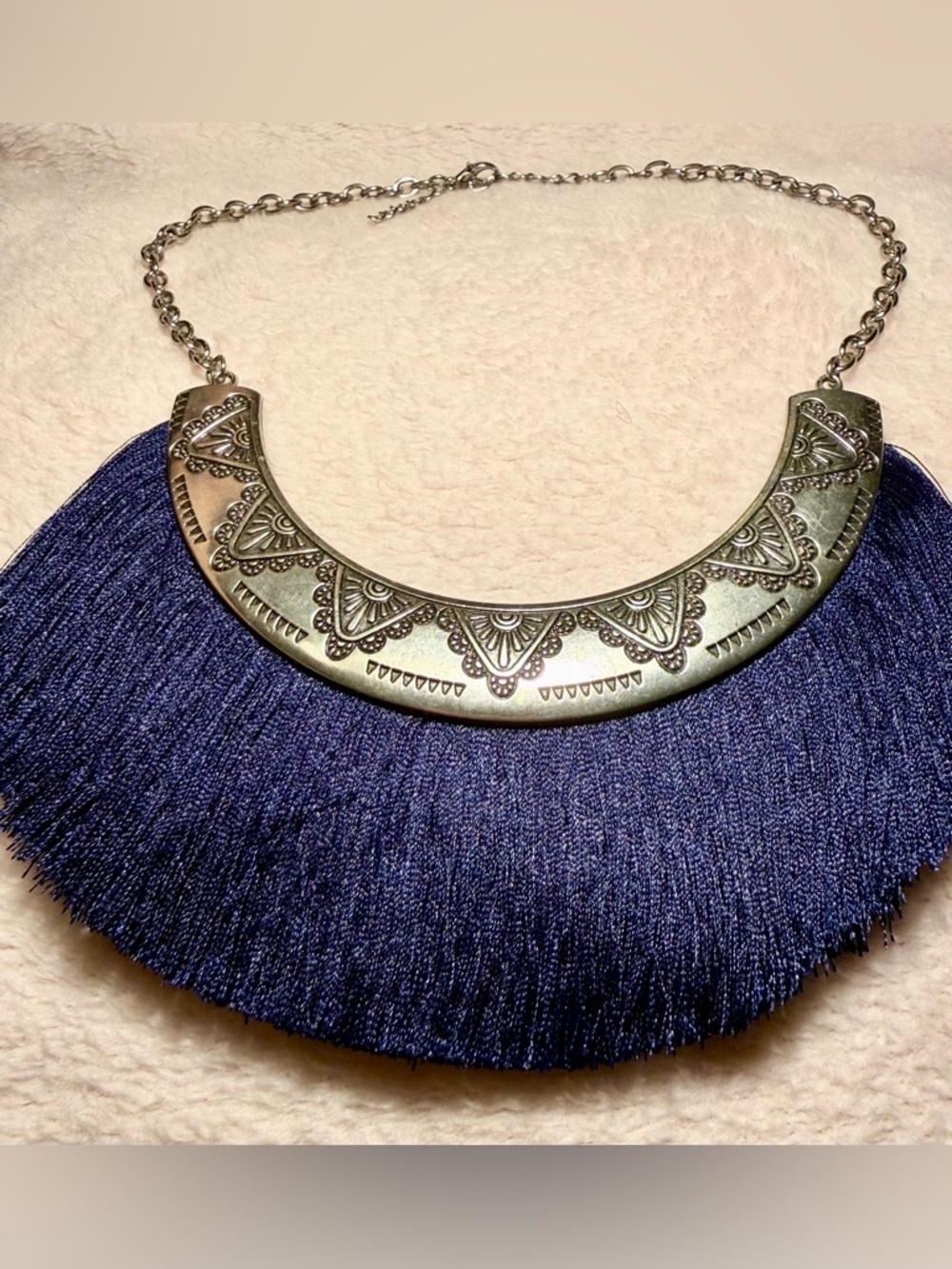 VintageY2K Tribal Boho Fringe Bib Necklace - Navy Blue